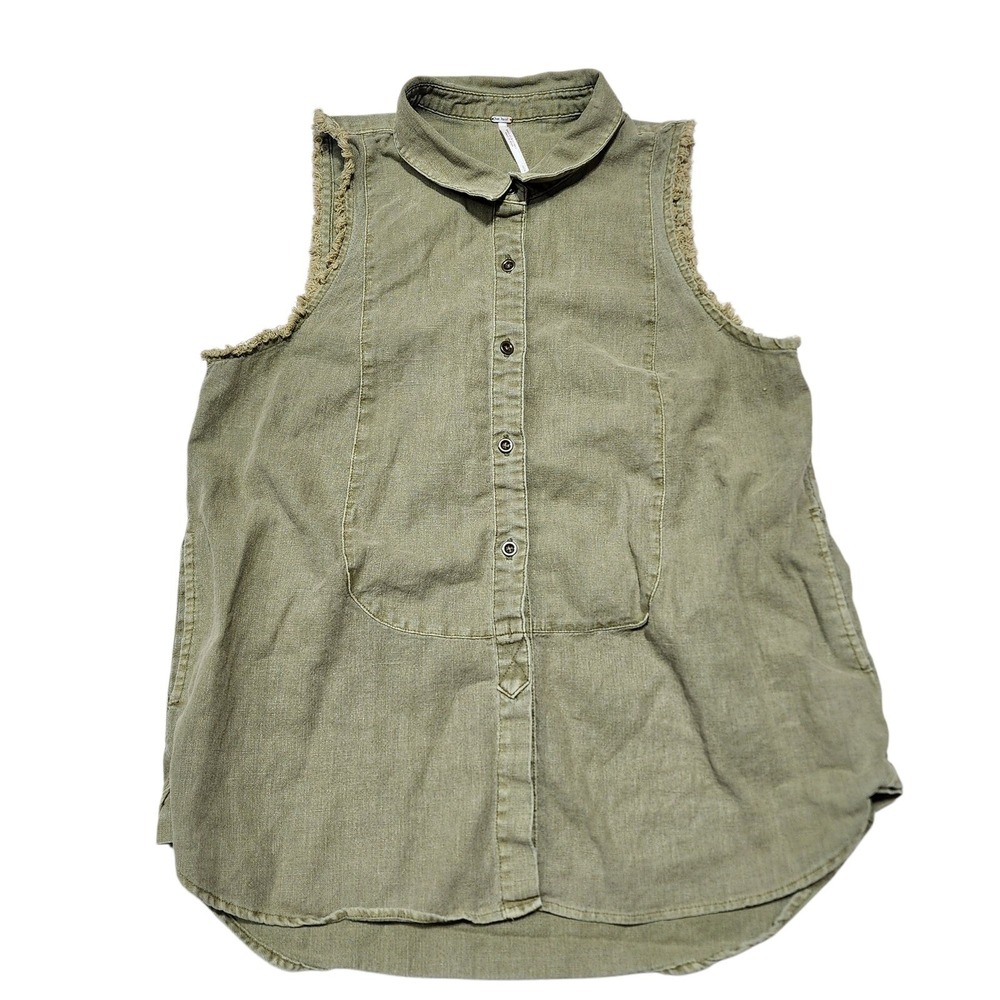 Free People Sleeveless Button‎ Down Women S Green Linen Blend Raw Hem Vest